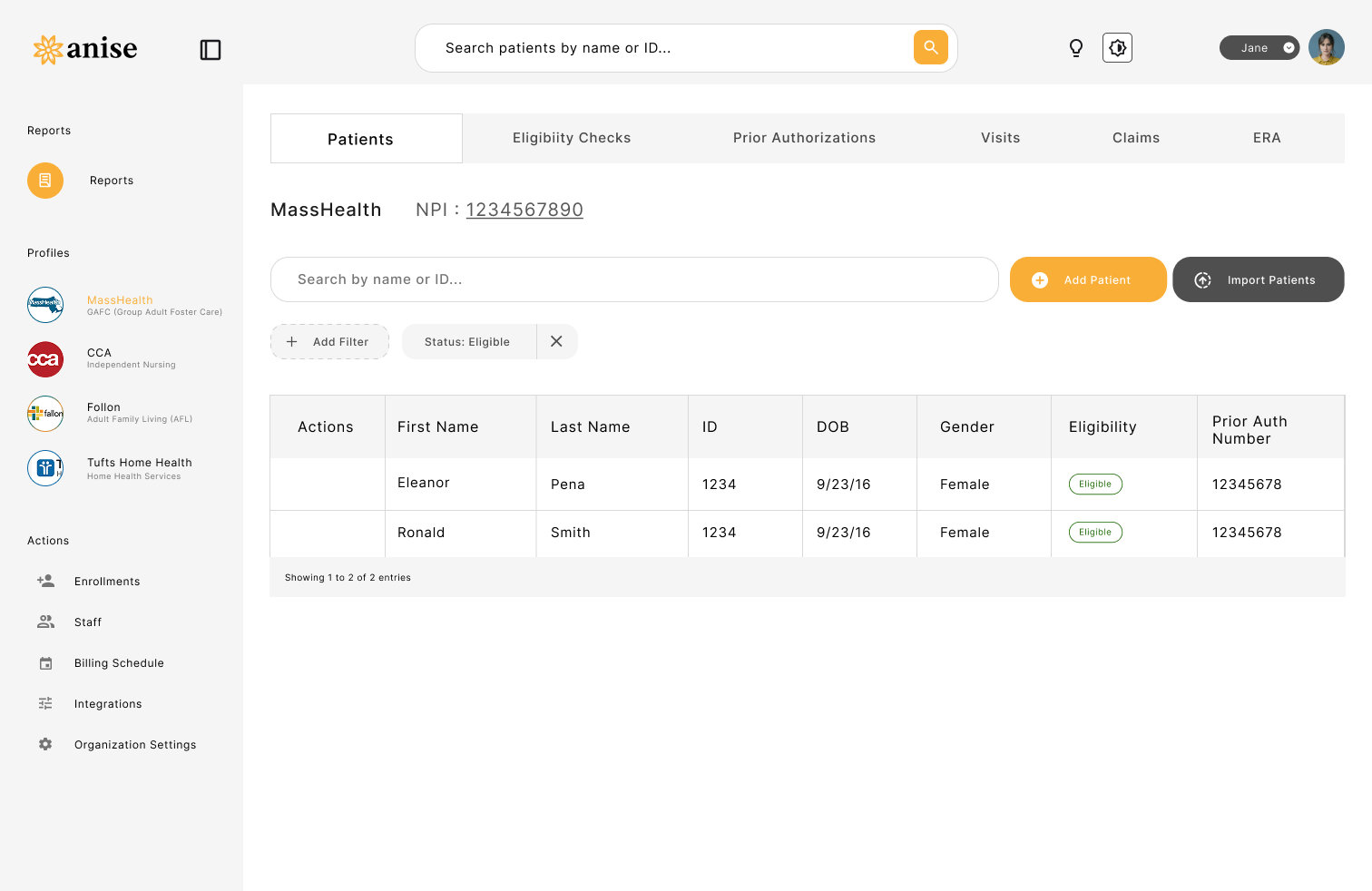 Anise platform dashboard for healthcare billing operations